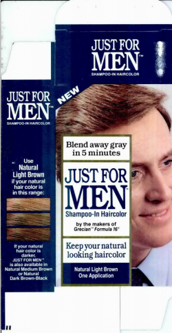 Just for Men specimen shows trademark use for hair coloring preparations. The specimen is a photograph of a package for hair coloring. The trademark is shown prominently on the packaging. 