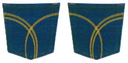 Drawing of blue and gold stitching design on the back pockets of jeans. This is an example of ornamental refusal.