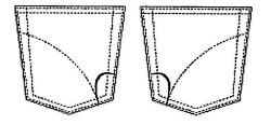 Drawing of a curved line stitching design on the back pockets of jeans. This is an example of ornamental refusal.